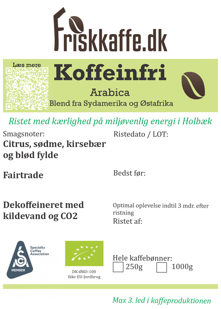 Friskristet kaffe Koffeinfri Fairtrade/DK-ØKO-100