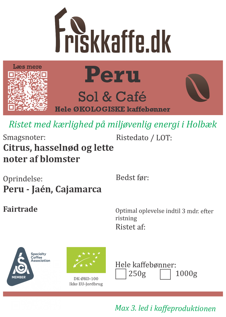 Friskristet kaffe Peru Organic Sol & Café DK-ØKO-100