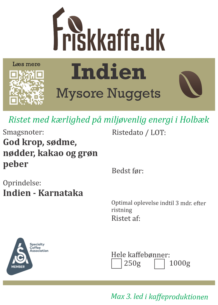 Friskristet kaffe Indien washed Arabica Mysore Nuggets Extra Bold