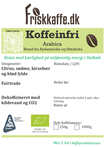 Friskristet kaffe Koffeinfri Fairtrade/DK-ØKO-100