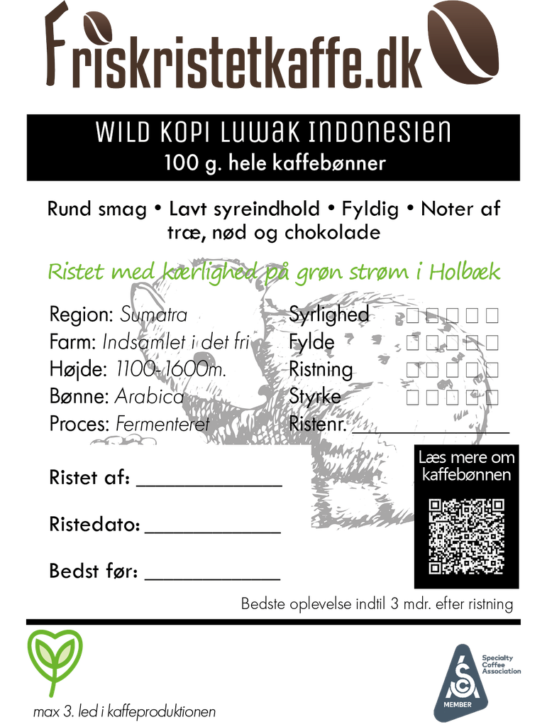 Arabica Friskristetkaffe Indonesia/Sumatra Wild Luwak Grade 1